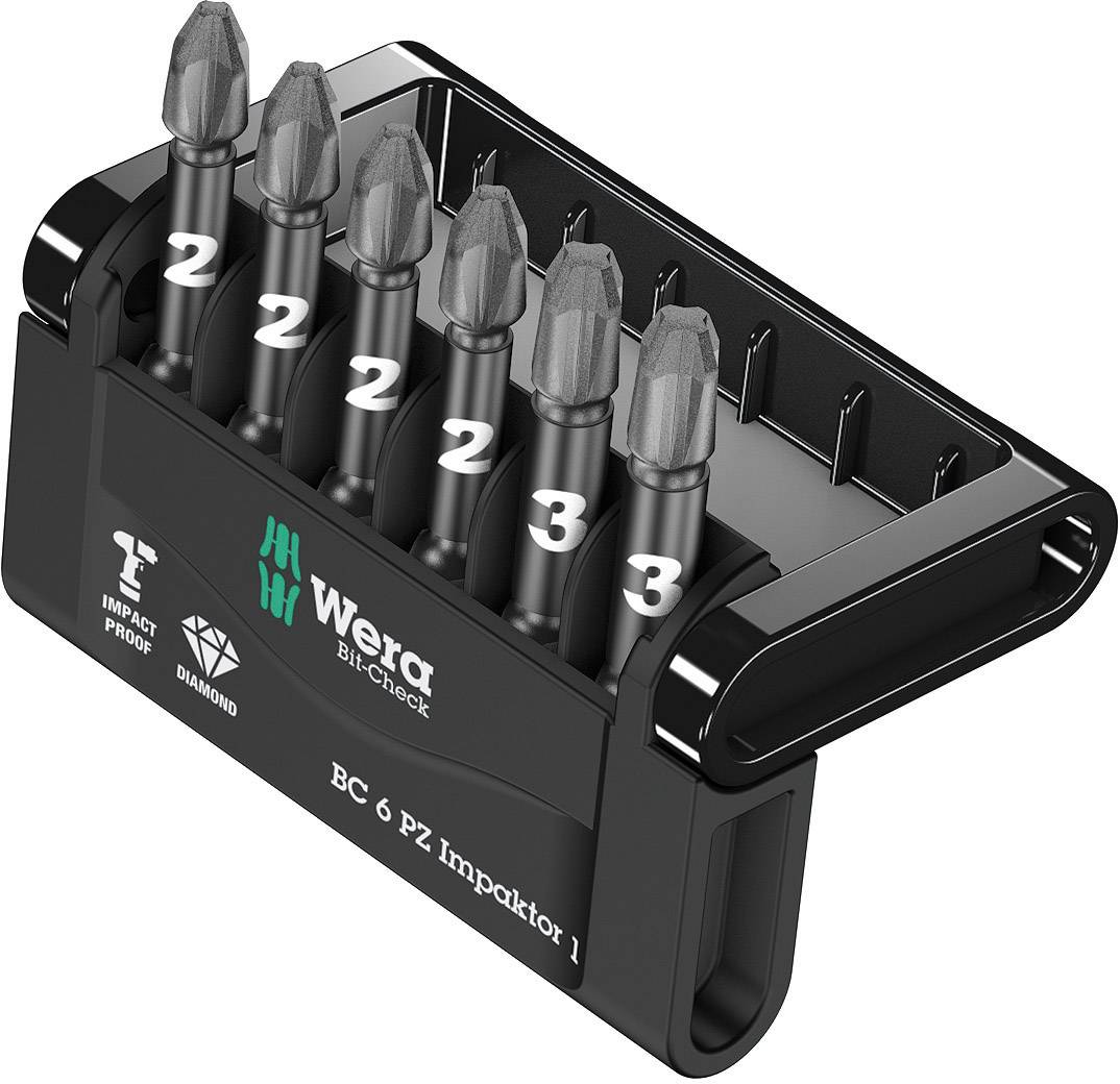 Set of six screwdriver bits in a black holder, labelled with numbers 2 and 3, by the brand Wera.
