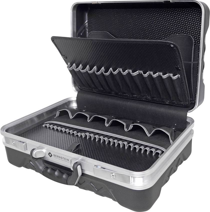 Open tool case with foam inserts to securely hold tools. Silver frame and robust black body.