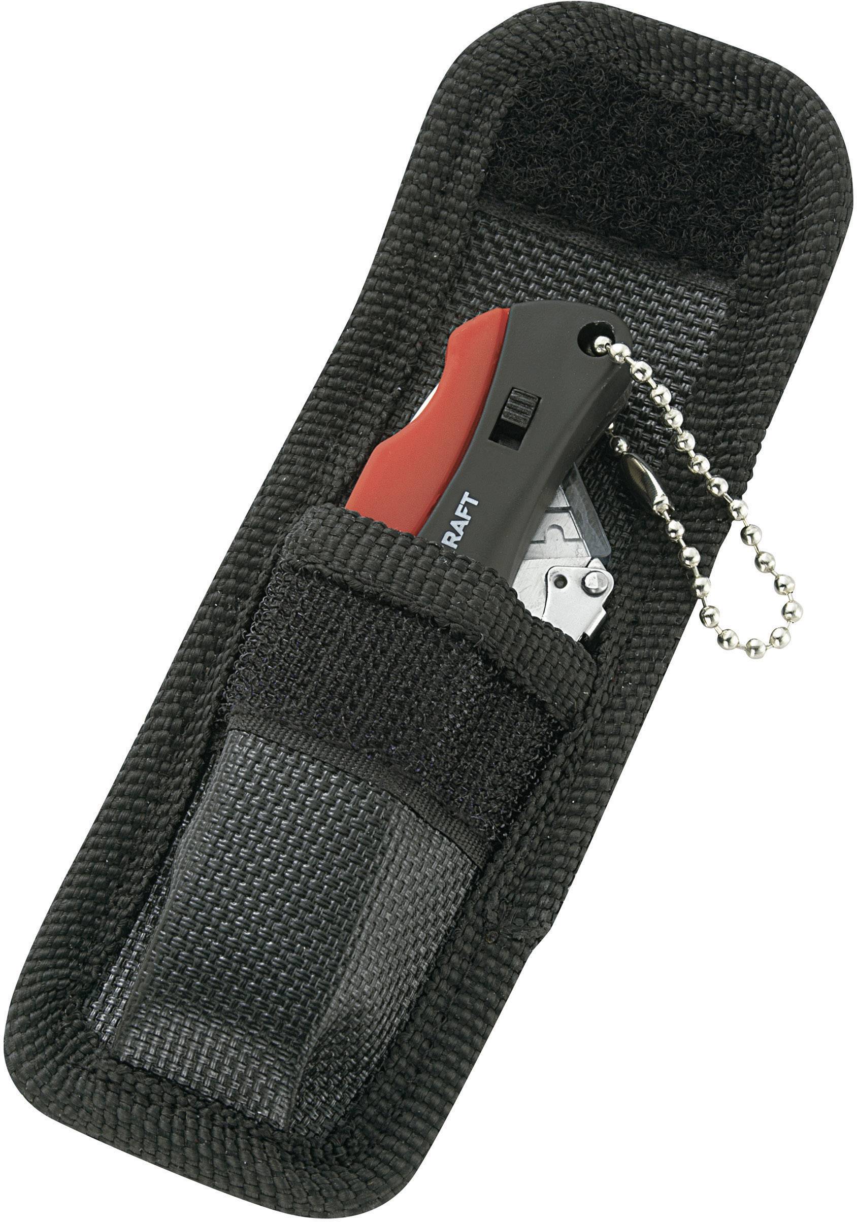A penknife with a red handle and chain pendant is tucked inside a black nylon bag with a velcro fastening.