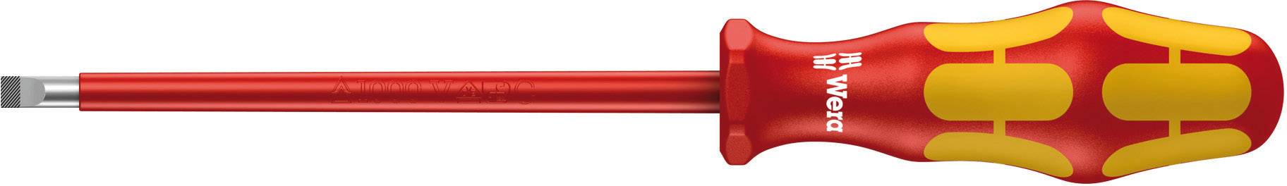 A red screwdriver with an ergonomic yellow-red handle lies horizontally.