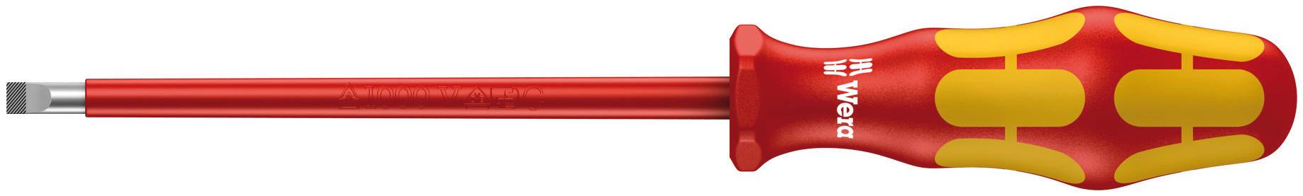Screwdriver with a red handle and yellow details. Flat slot at the tip.