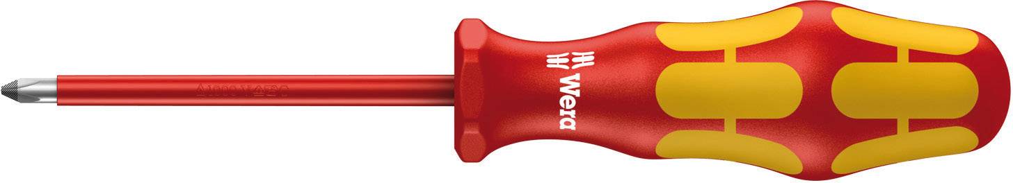 A red and yellow screwdriver with an ergonomic handle and Phillips head lies on a white surface.