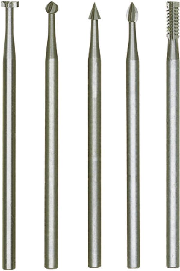 Five different metal drill bits with varied heads for precise grinding and drilling work on a white surface.