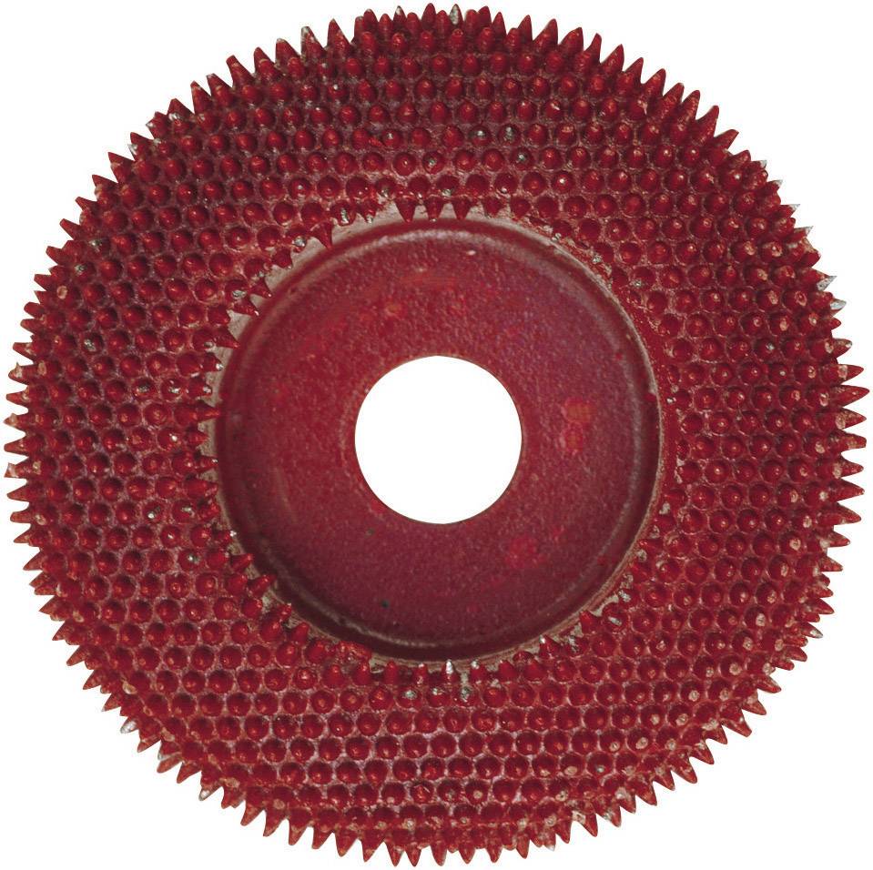 A round, red tool with sharp teeth, likely a milling head or cutting tool, primarily used in woodworking.