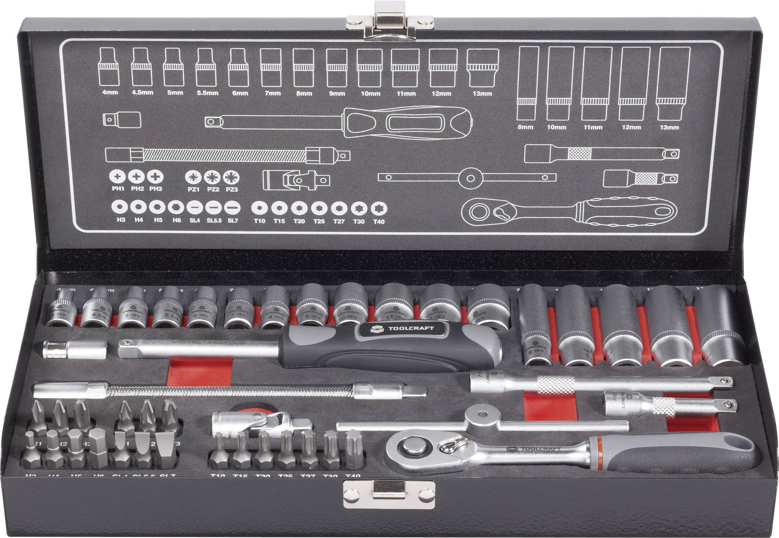 An open toolbox with various socket wrenches, bits and a ratchet screwdriver, arranged in precisely fitted recesses.