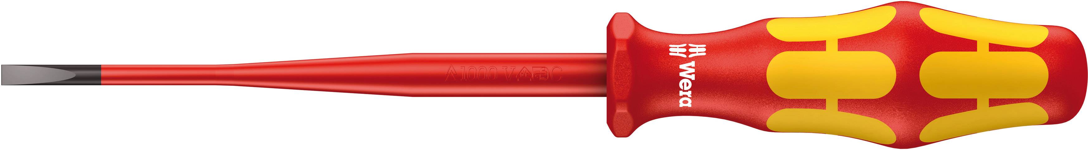 A flat, slotted screwdriver with a red, ergonomic handle and yellow accents, suitable for precision work.