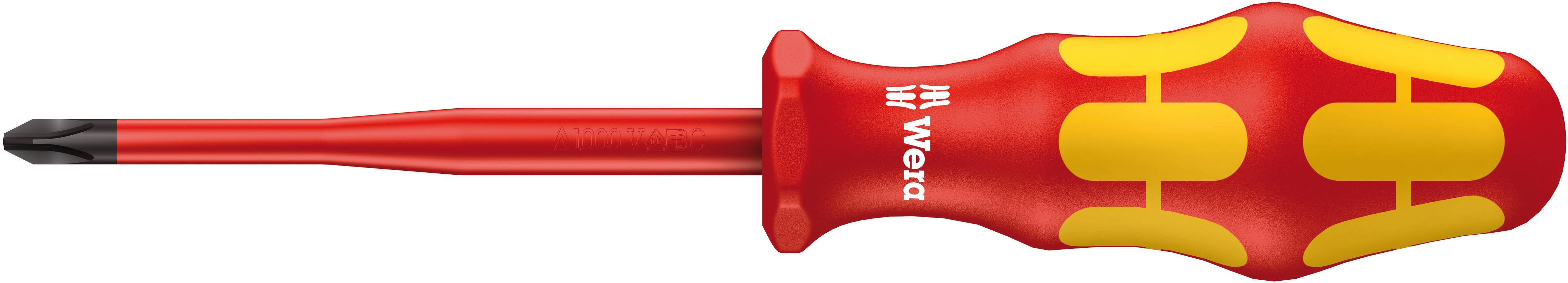 A red and yellow screwdriver with an insulated handle lies horizontally.