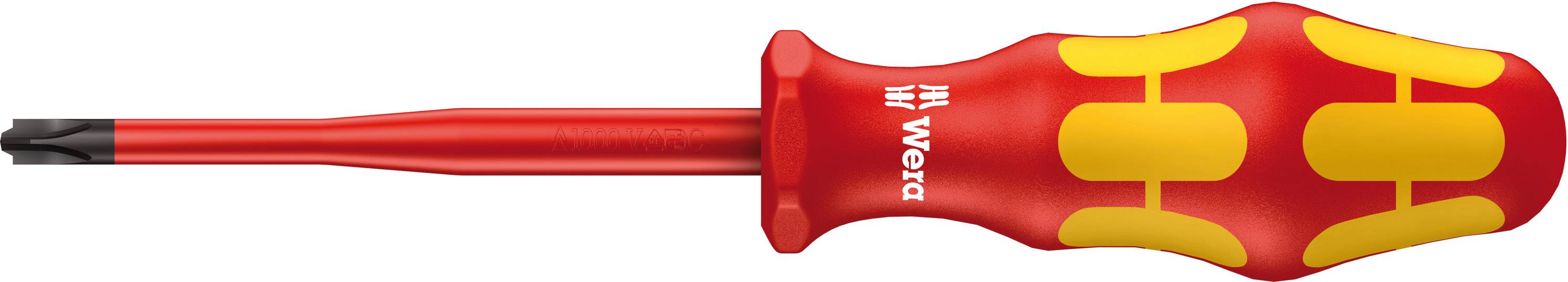 A red screwdriver with an ergonomic handle and yellow details, renowned for its electrical insulation.