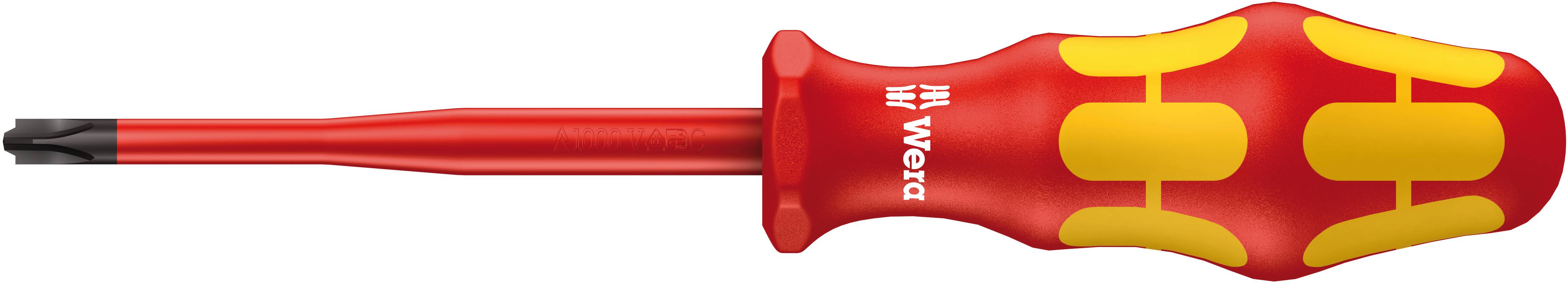 Insulated electric screwdriver with a red handle and yellow markings. Suitable for work on electrical installations.