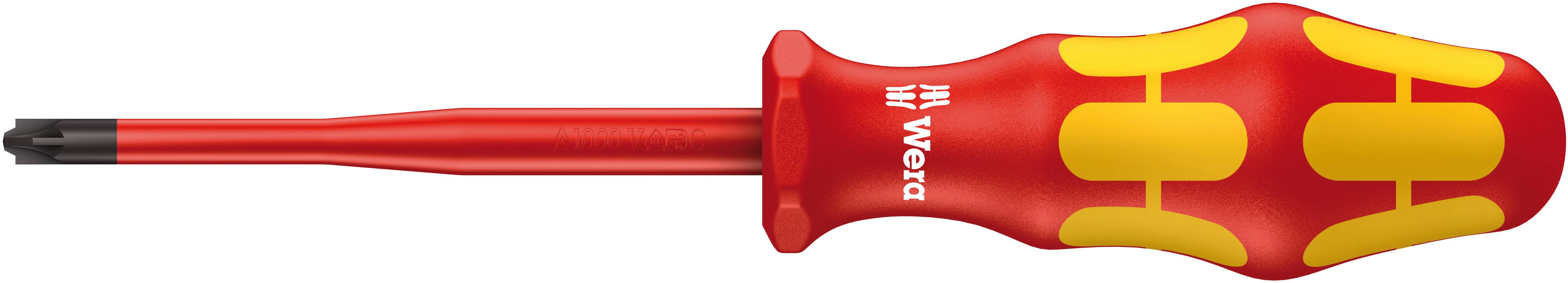 Insulated red screwdriver with an ergonomic handle and black tip, suitable for fine electrical work.