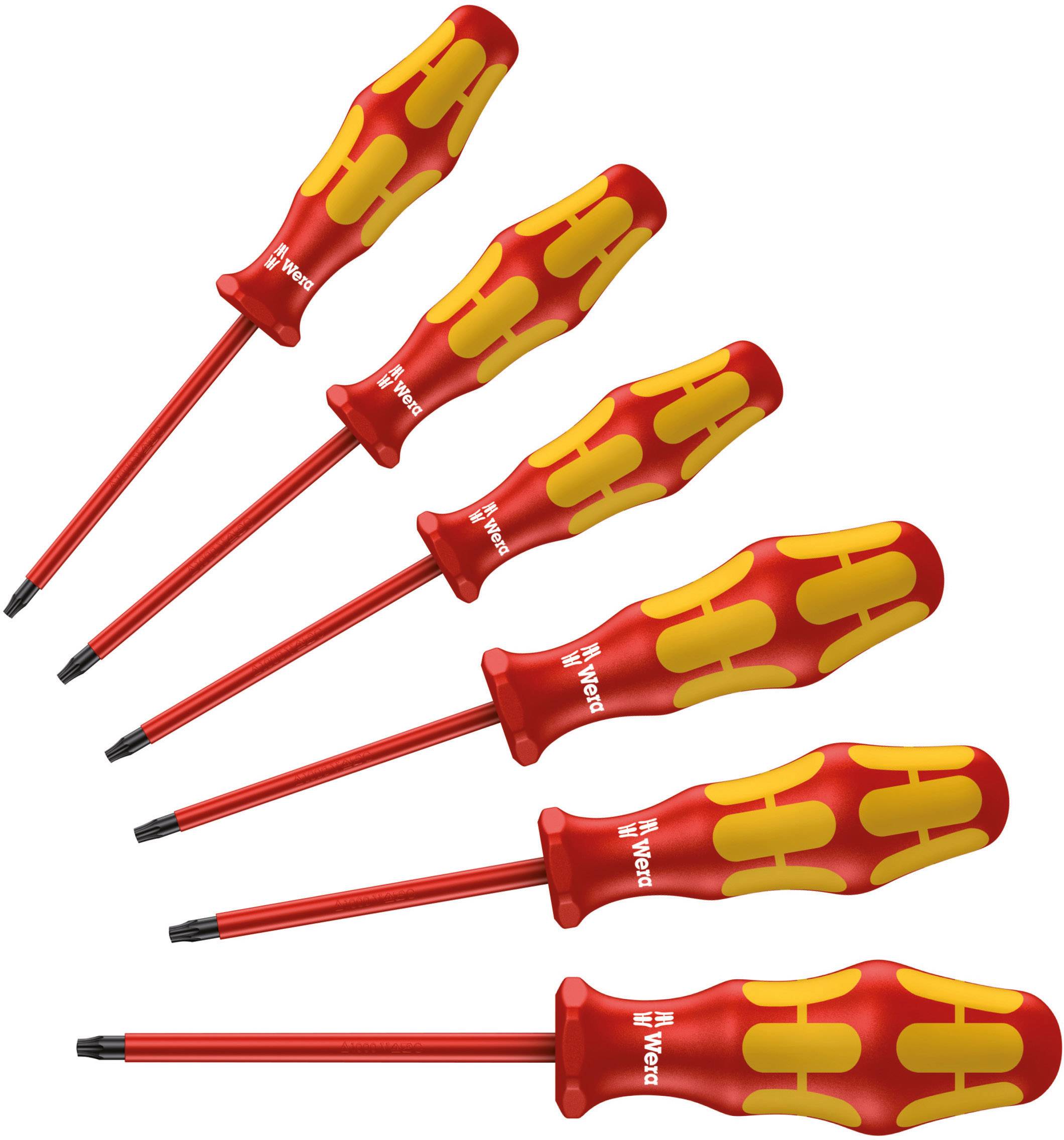 A set of six red screwdrivers with yellow handles in various sizes, from small to large, arranged in a fan-like pattern.