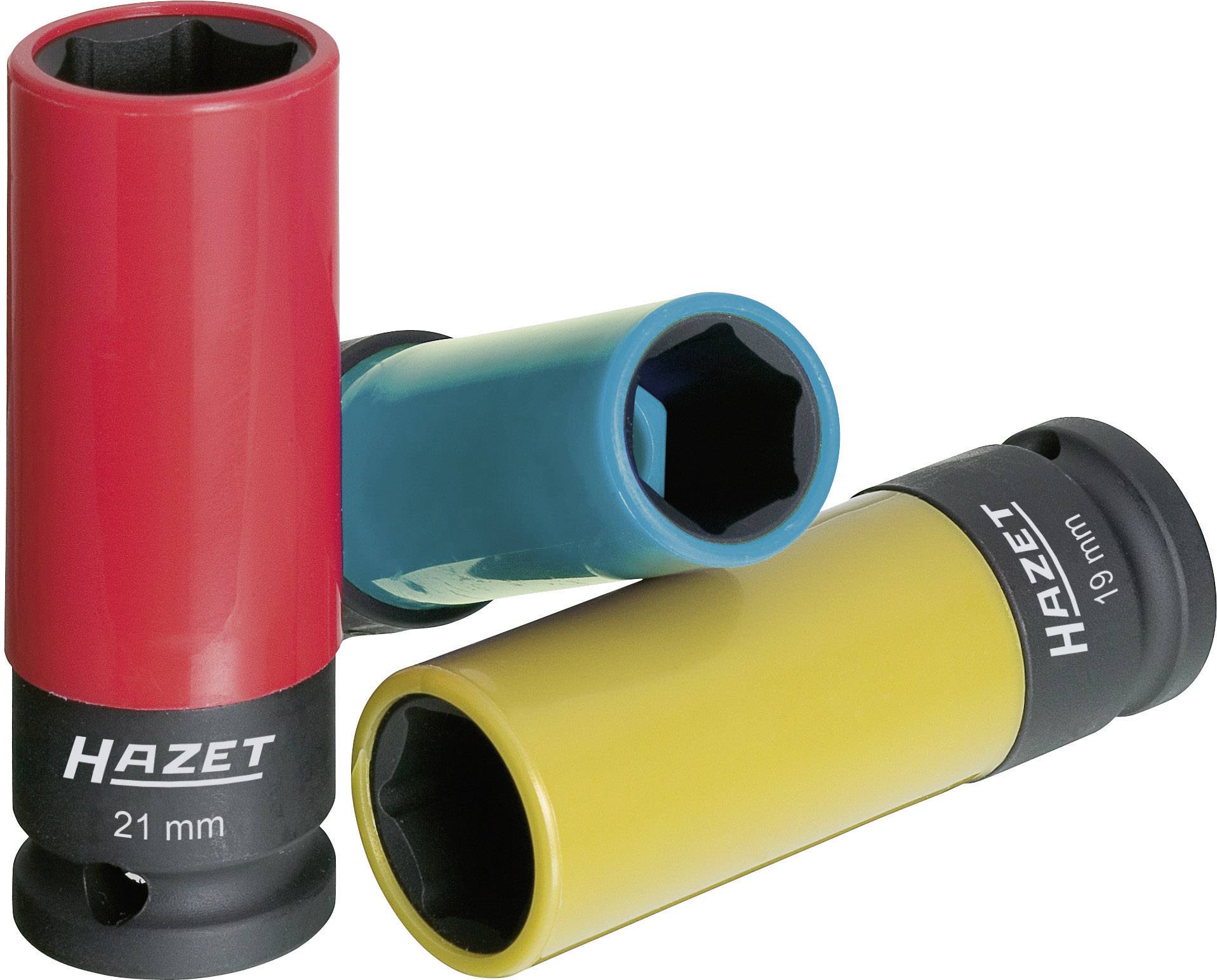 Three coloured Hazet socket wrenches, red, yellow and blue, with 21 mm and 19 mm size specifications, in an overlapping arrangement.