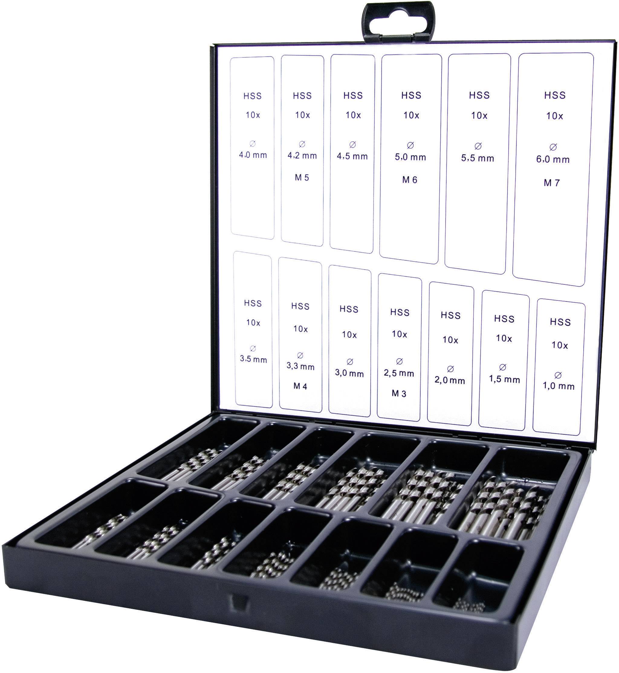 An open suitcase with various HSS (high-speed steel) tap drills in labelled compartments. Sizes and quantities are indicated at the top.