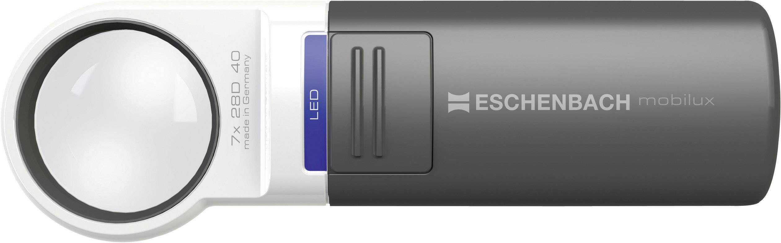 Electronic magnifying glass 'Eschenbach mobilux', rectangular, with LED light and 7x magnification, ergonomic design.