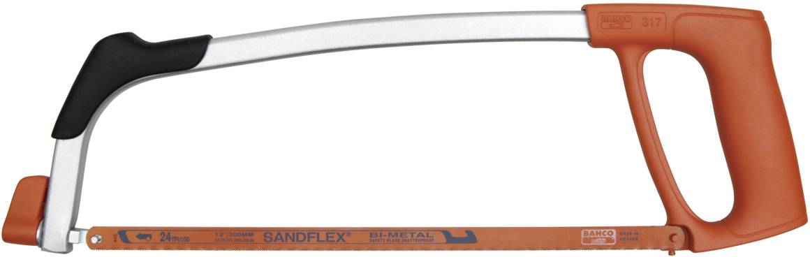 Metal saw with an orange handle and black grip, with 'SANDFLEX bi-metal' written on the orange saw blade, suitable for cutting metal.