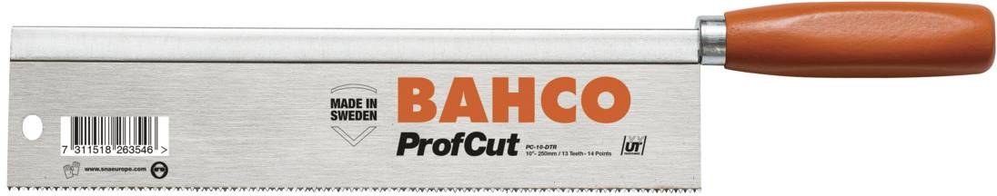 Säge mit orangefarbenem Griff und der Aufschrift 'BAHCO ProfCut'. Hergestellt in Schweden.
