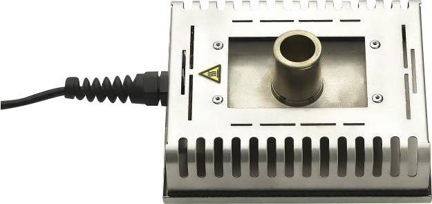 A metallic heating element box with a central cylinder and power cable. Warning symbol indicates hot surfaces.
