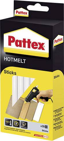 'Black Pack of Pattex Hot Melt Glue Sticks' with an image of a hand pointing a hot glue gun at wood. Contains 25 pieces.