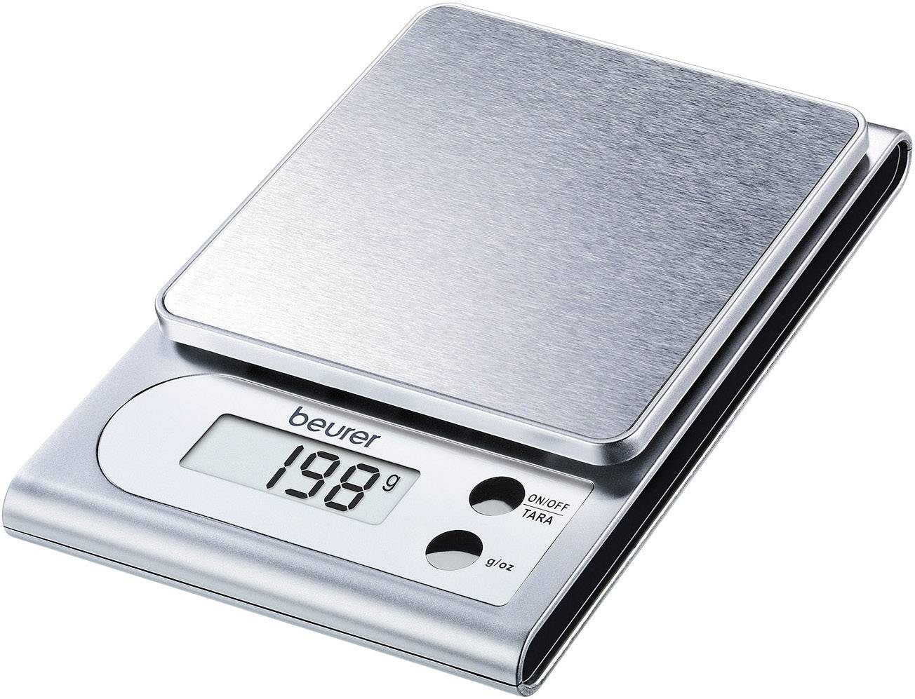 Electronic kitchen scales made of stainless steel showing 198g. Control buttons for on/off and tare.