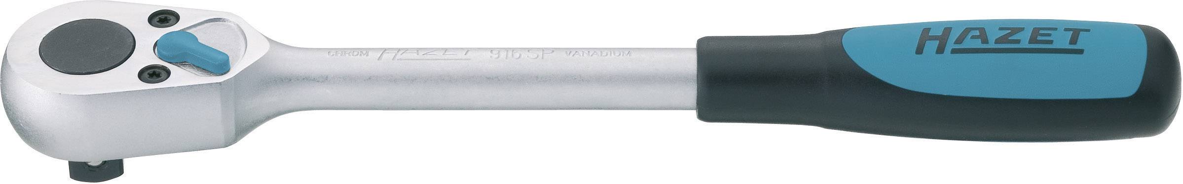 A silver ratchet spanner with a black and blue handle, on which 'Hazet' is written.