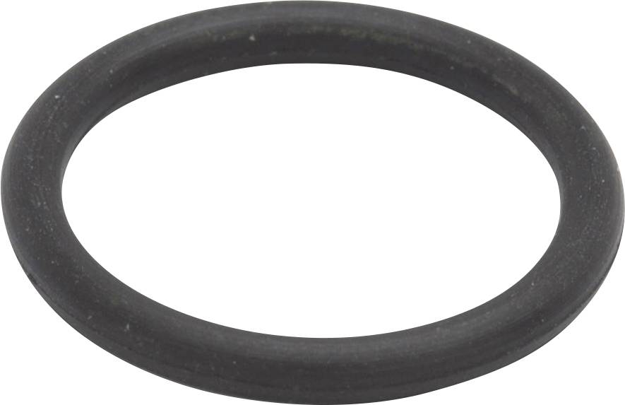 A black, round O-ring made of rubber lies on a white surface.