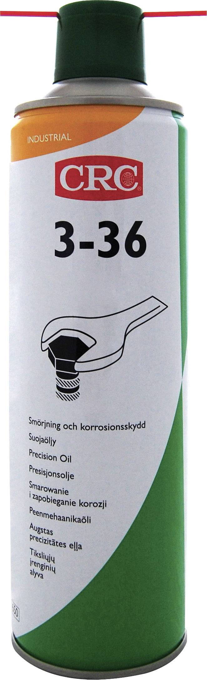 Spray can with green and white surface, marked with 'CRC 3-36', used for lubrication and corrosion protection.