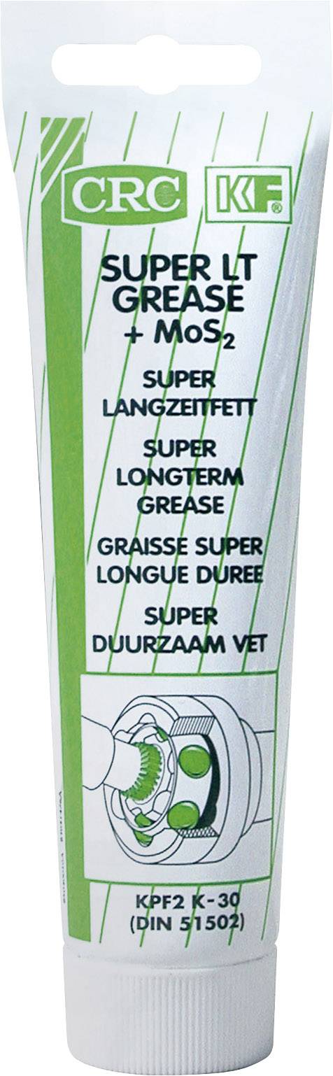 'CRC KF Super LT Grease + MoS2' on a tube, suitable for long-term lubrication, with an illustration of a ball bearing.