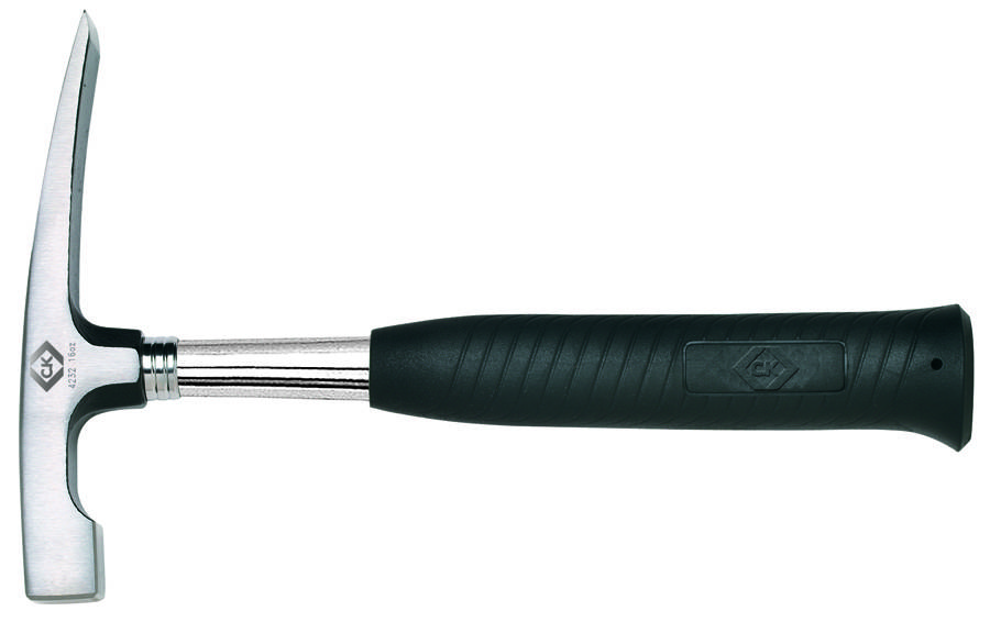 A geologist's hammer with a black handle and a pointed tip, used for rock samples and geological excavations.