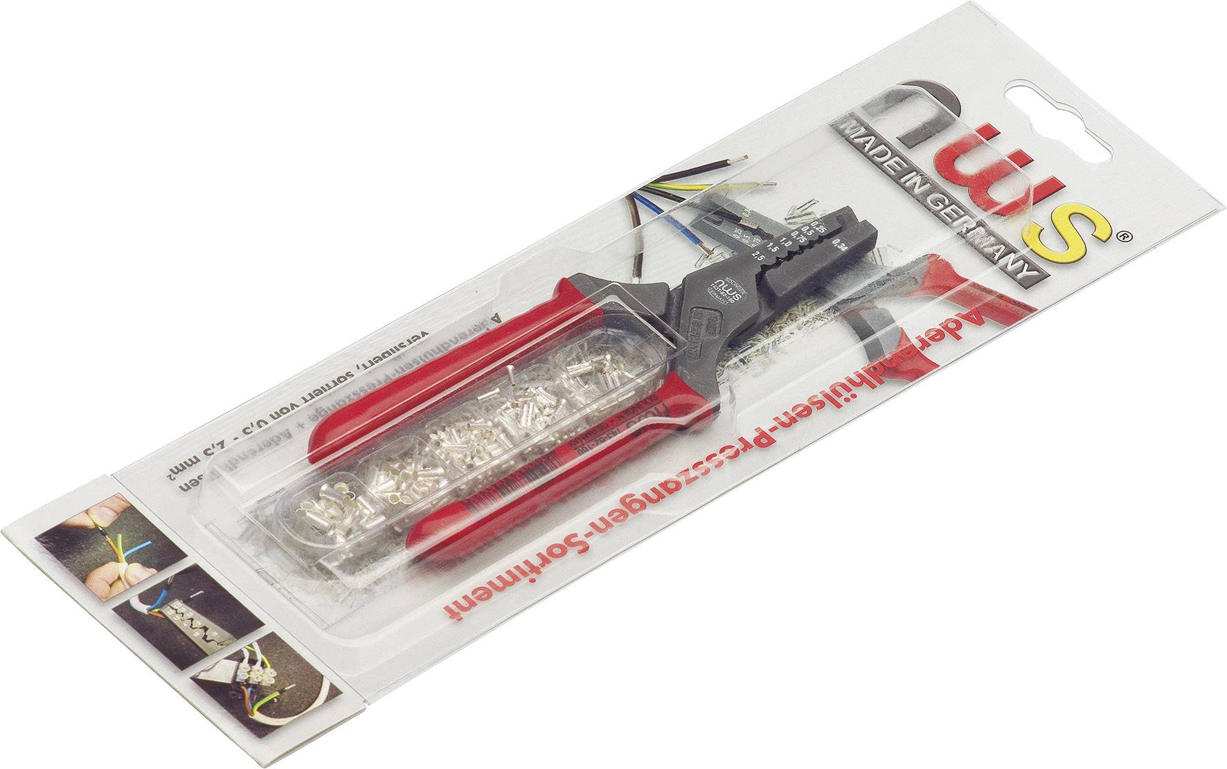 Packaging with crimping tool and cable lugs, suitable for electrical connections and repairs. Includes red tool.