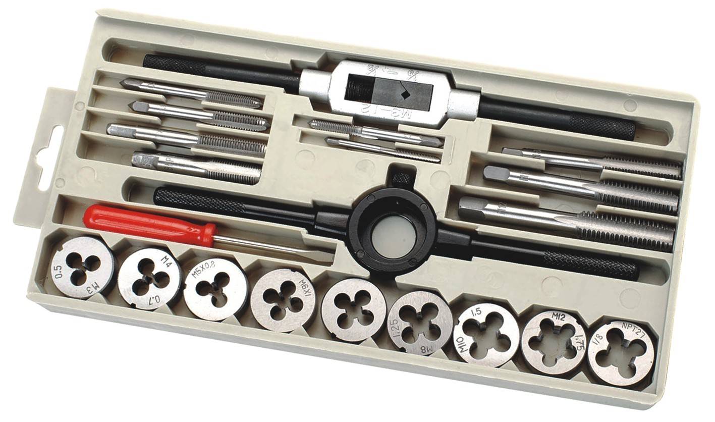 Metal thread cutting tool set in a case, containing taps, dies, and holders, used for thread cutting.