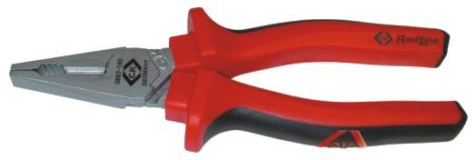 A red combination pliers with a black handle is lying on a white surface.