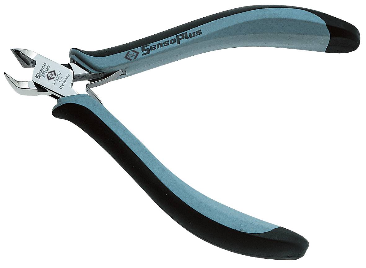 Side cutters with black and blue handles. Sharp, precise blades, suitable for cutting wire or small cables.