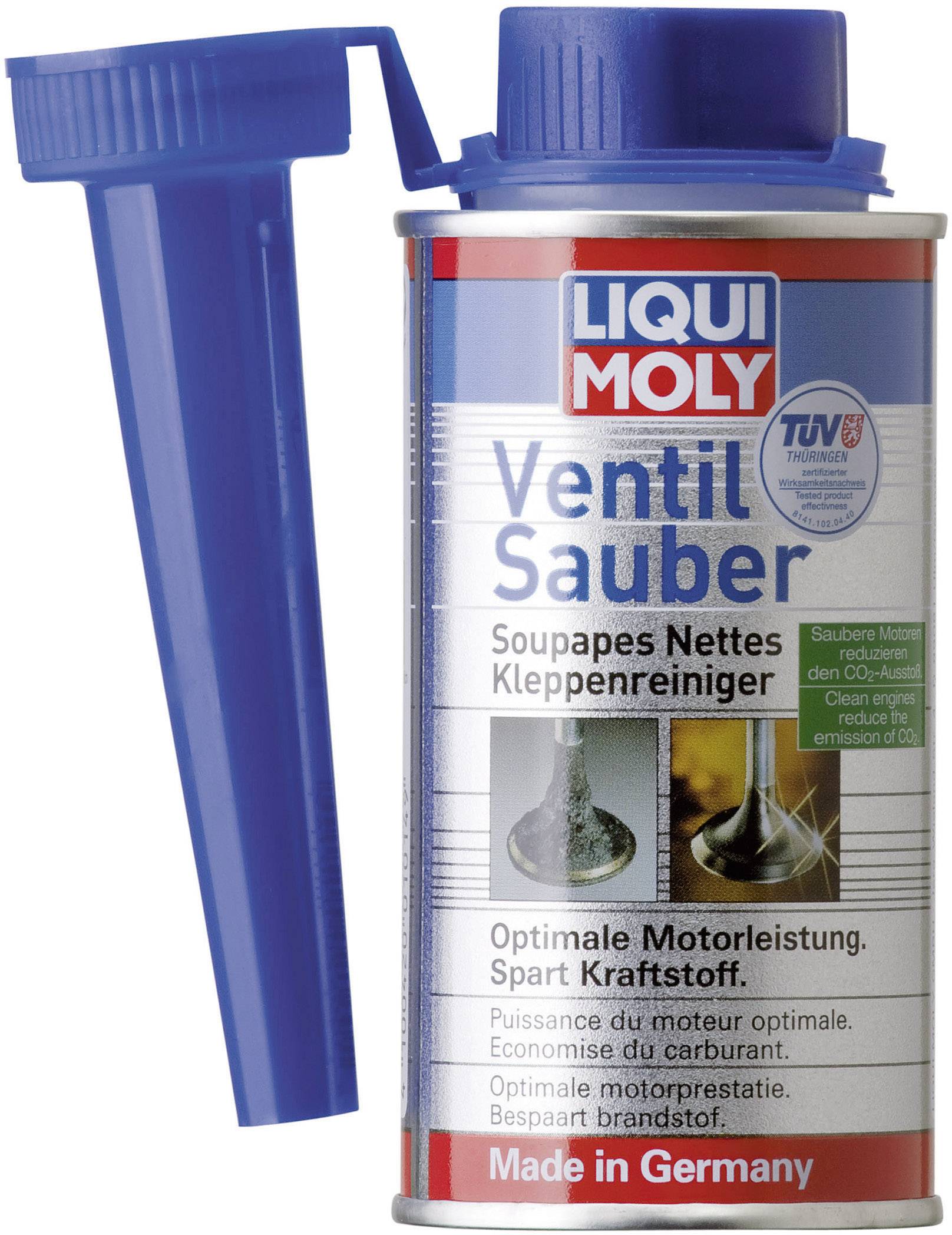 A tin of 'Liqui Moly Valve Clean' with a blue cap. Text describes application to improve engine performance and fuel economy.