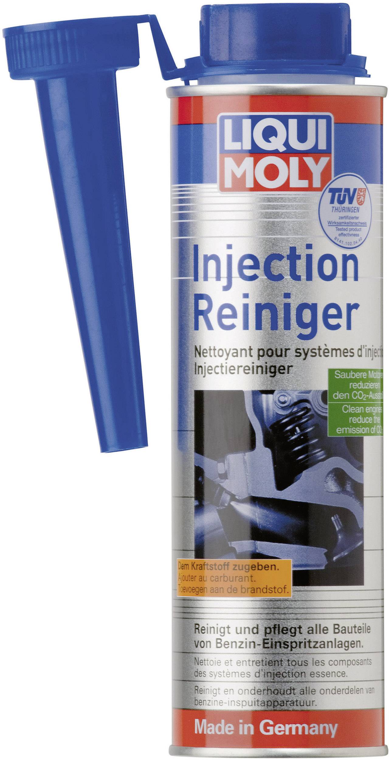 Dose Liqui Moly Injection Reiniger, blau-weiße Verpackung mit rotem Text, geeignet zur Reinigung von Einspritzsystemen bei Autos, TÜV geprüft, Made in Germany.