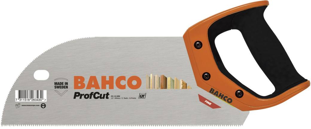 Hand saw with an orange handle, brand 'BAHCO ProfCut', manufactured in Sweden, barcode on the blade, for precise woodworking.