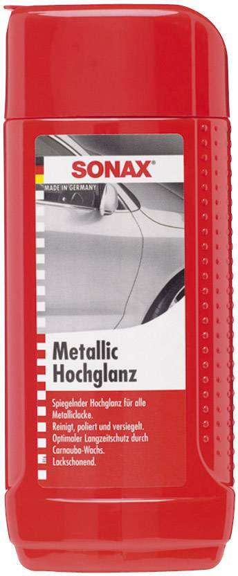 Red Bottle Sonax Metallic High Gloss Car Care. For metallic paintwork. Cleans, polishes and provides long-term protection.