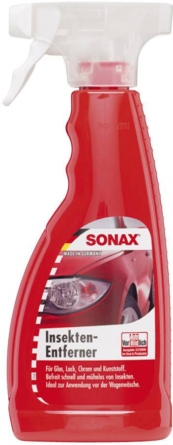 Red spray bottle with 'SONAX Insect Remover' label, suitable for glass, paintwork, chrome and plastic. Ideal for vehicle care.