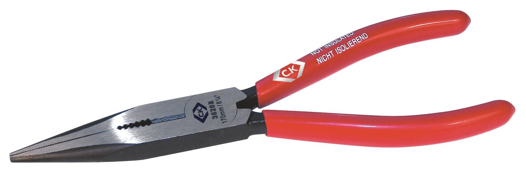 Red pointed pliers, metal gripping surface, suitable for precise work in electronics or assembly.