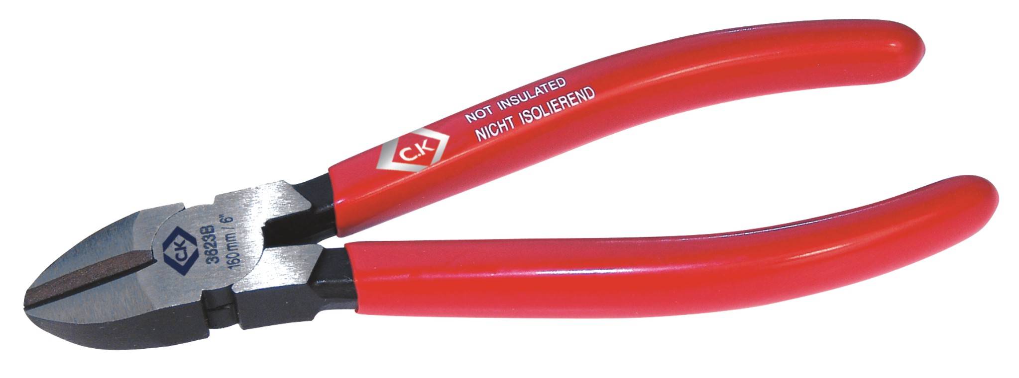 Red side cutters with the inscription 'NOT INSULATED NICHT ISOLIERT', used for cutting wires or cables.