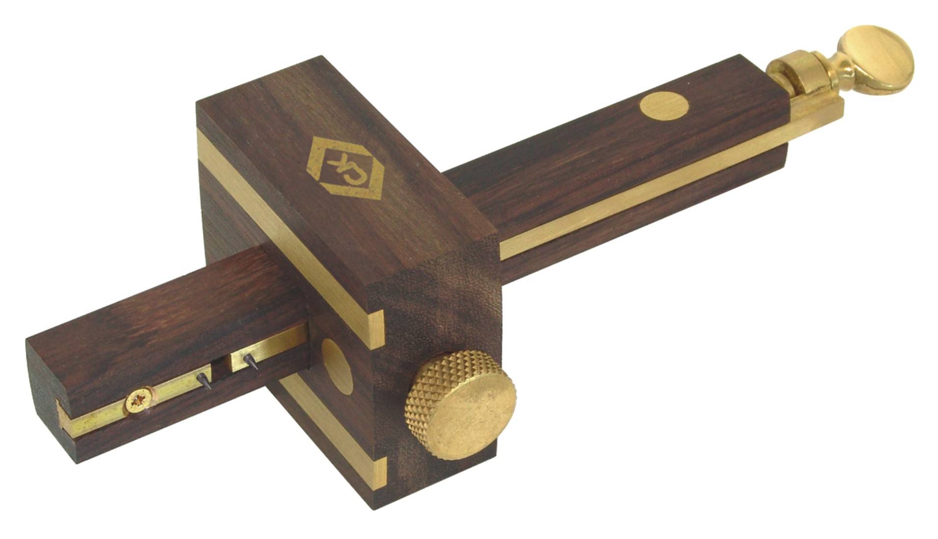 Wooden marking tool with brass accents and engraved logo, used for precise line drawing on wooden surfaces.