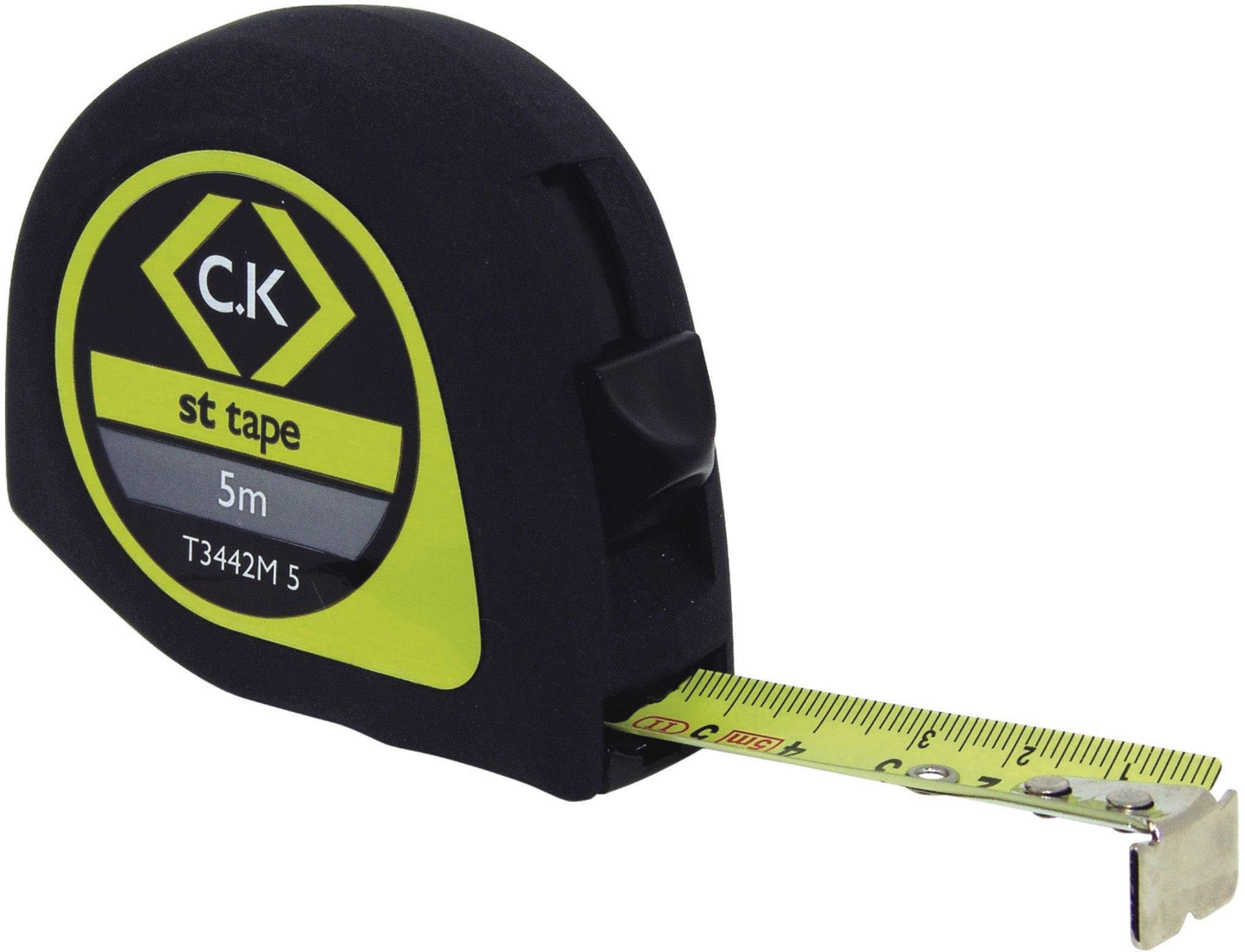Black and yellow measuring tape, 5 m long, with C.K. logo, metal tape slightly extended.