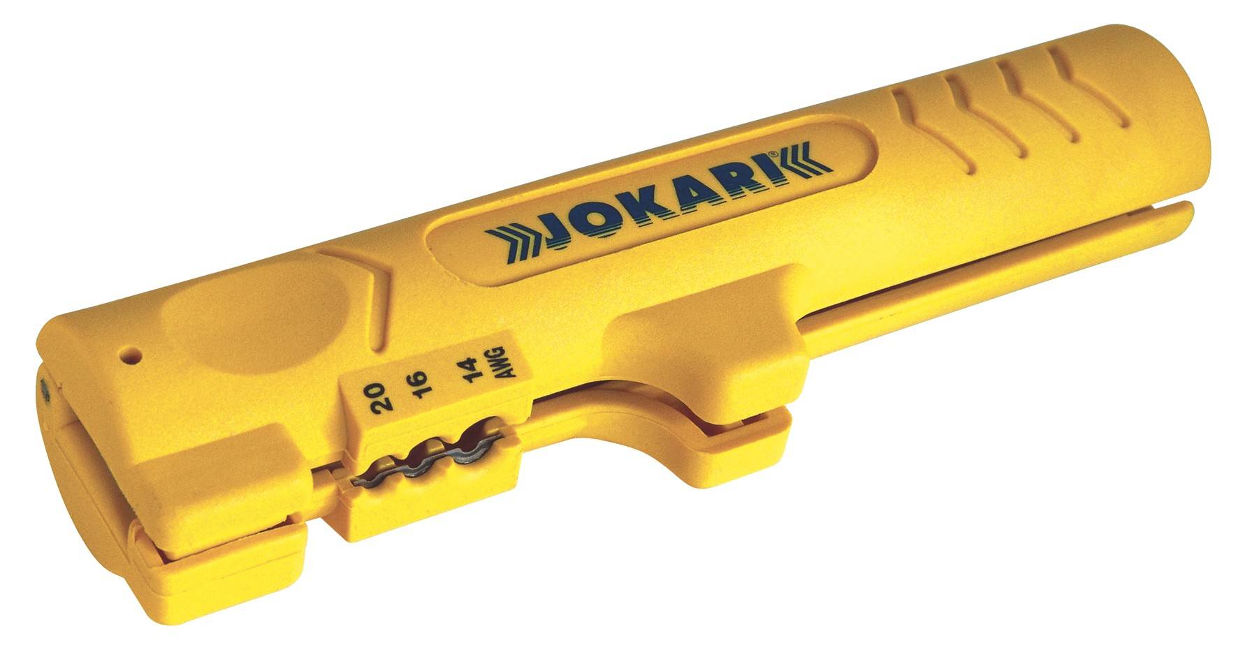 A yellow cable stripping tool with 'Jokari' branding, suitable for cable sizes 20 to 14, with an ergonomic design.