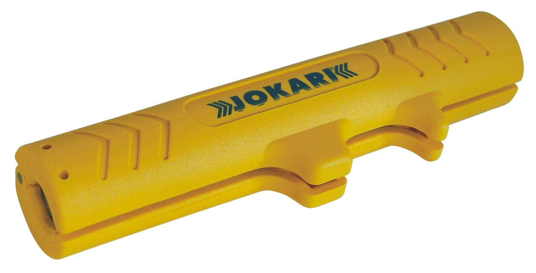 Yellow cable stripper with ergonomic handle, printed with 'Jokari' logo.