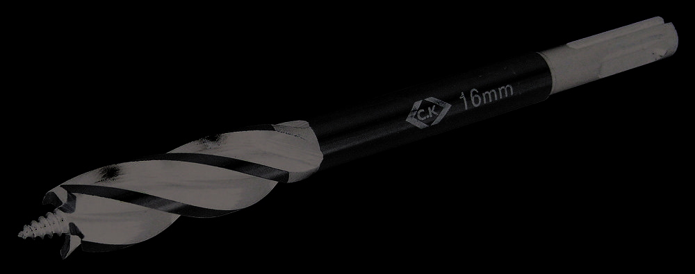 Auger drill bit with helical cutting edges and 16 mm diameter. Designed for drilling large holes in wood or similar materials.