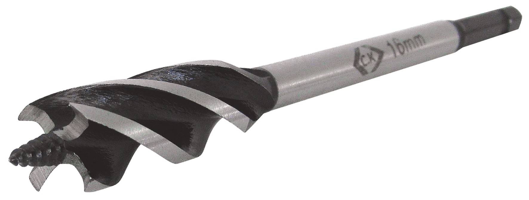 Drill attachment with a 16 mm diameter and a spiral blade, suitable for woodworking.