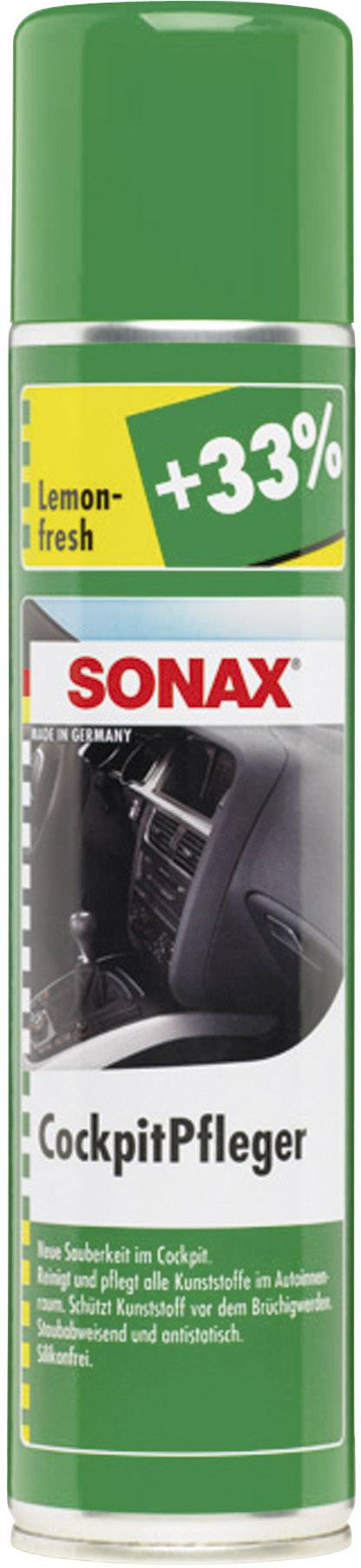 A green spray can for cockpit care by the brand 'SONAX', offering a lemon fragrance and +33% more content. Care and protection for the vehicle dashboard.