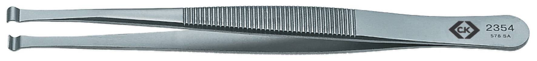 Metal tweezers with a ridged handle and embossed logo.