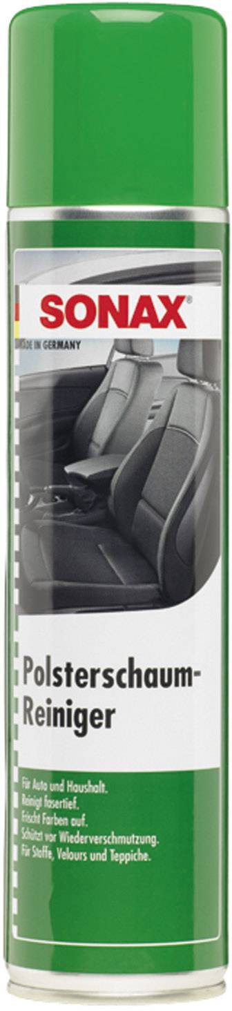 Green spray can by SONAX with the text 'Upholstery Foam Cleaner', showing image of car seat, suitable for fabric, velour and carpets.