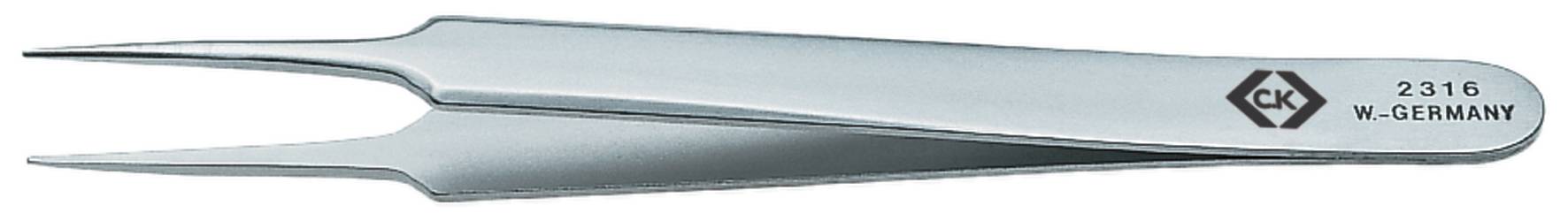 Metal tweezers with sharp, pointed ends and 'CK 2316 W-GERMANY' marking on the surface.