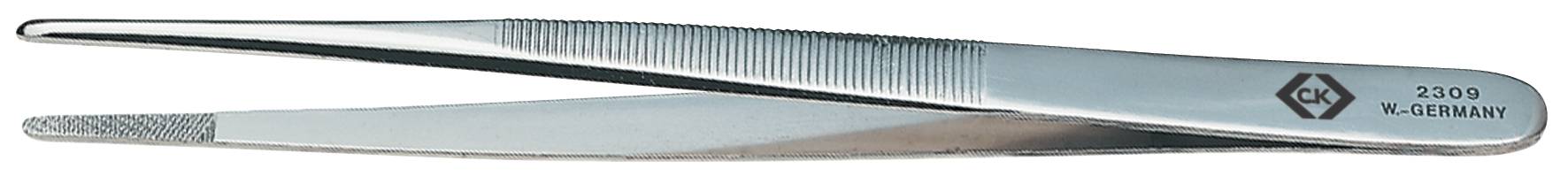 Silver-coloured, metallic tweezers with tooth-like grip surfaces and a rounded tip. A brand logo is located on the side.